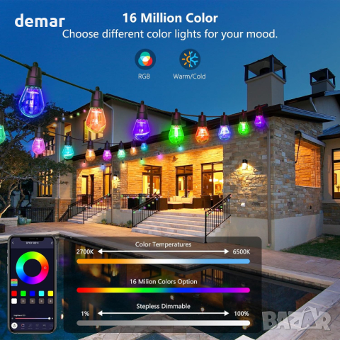 Plbriyu градински светлини RGB 15 метра,20 димируеми LED крушки водоустойчиви нечупливи,дистанционно, снимка 4 - Външни лампи - 44914276