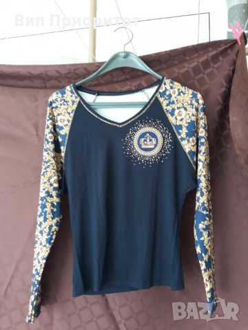изящна тъмно синя блуза златни цветя , снимка 6 - Блузи с дълъг ръкав и пуловери - 34710252