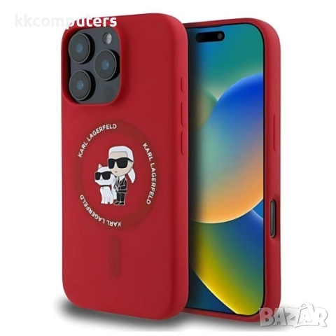 Оригинален кейс Karl Lagerfeld Silicone Karl and Choupette Heads MagSafe и Протектор За iPhone 16 Pr