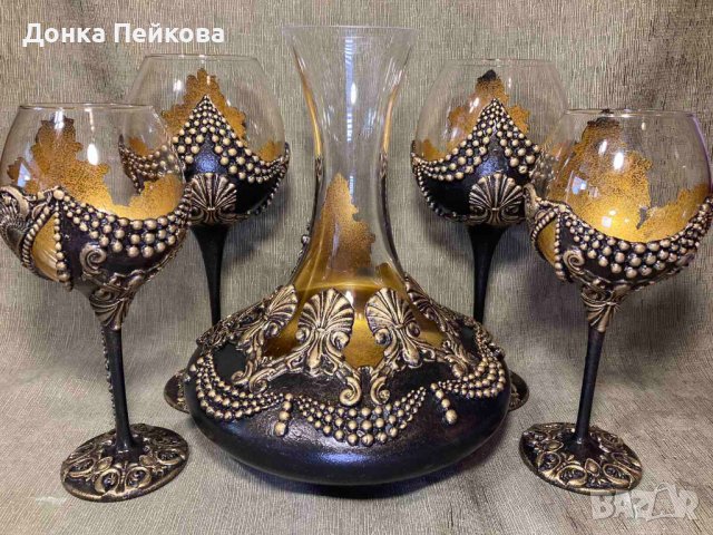Сет за вино от 5 части - декантер с 4 чаши - ръчна изработка, снимка 1 - Декорация за дома - 39893457