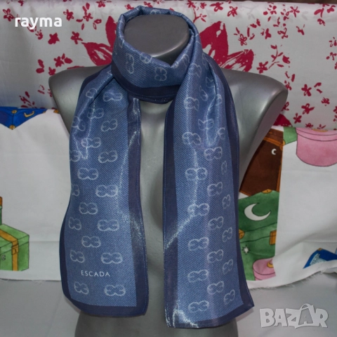Escada шал естествена коприна с ламе дънково синьо с лого, снимка 5 - Шалове - 51823335