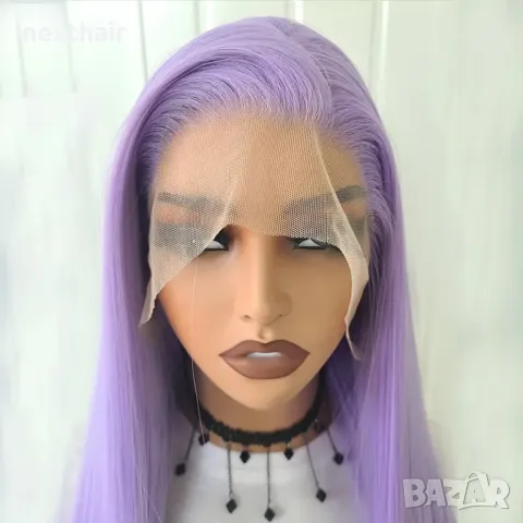 Светло лилава права синтетична перука с дантелена предна част лейс фронт, снимка 8 - Аксесоари за коса - 47370692