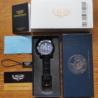 Lige Design Silver Blue Black 8951D Луксозен мъжки кварцов часовник с кожена каишка, снимка 5 - Луксозни - 40577517