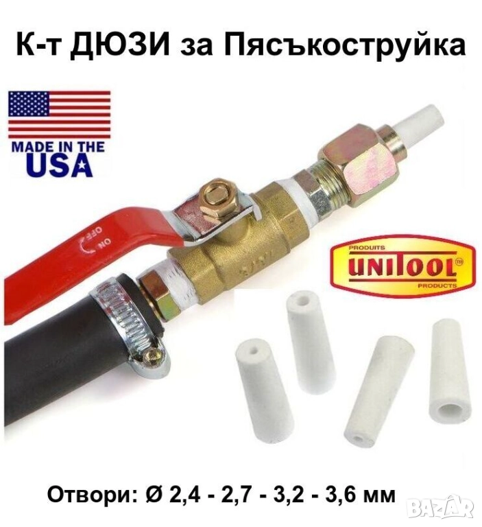 Оригинал UNITOOL К-т Керамични Конусни ДЮЗИ Ф2,4-2,7-3,2-3,6мм за Пистолет Кран Пясъкоструйка БАРТЕР, снимка 1