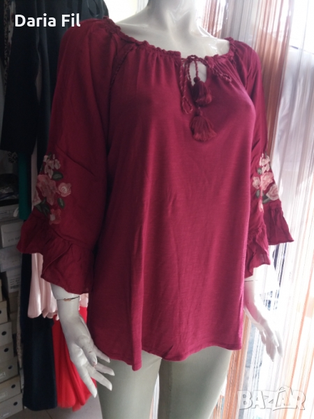 Риза/Блуза в цвят малина с бродерия и къдрички по ръкавите  - размер 2ХЛ , снимка 1