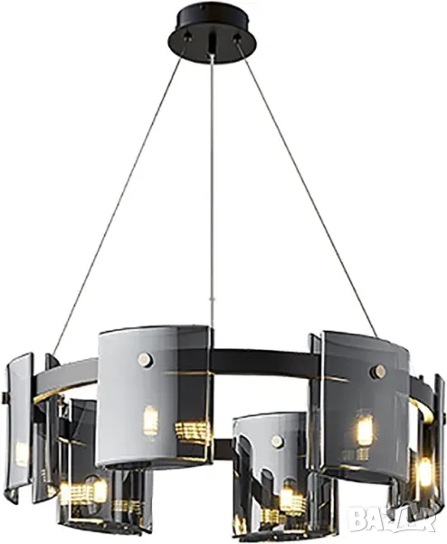 Висяща лампа, черен полилей, луксозно димно сиво кехлибарено стъкло, снимка 1