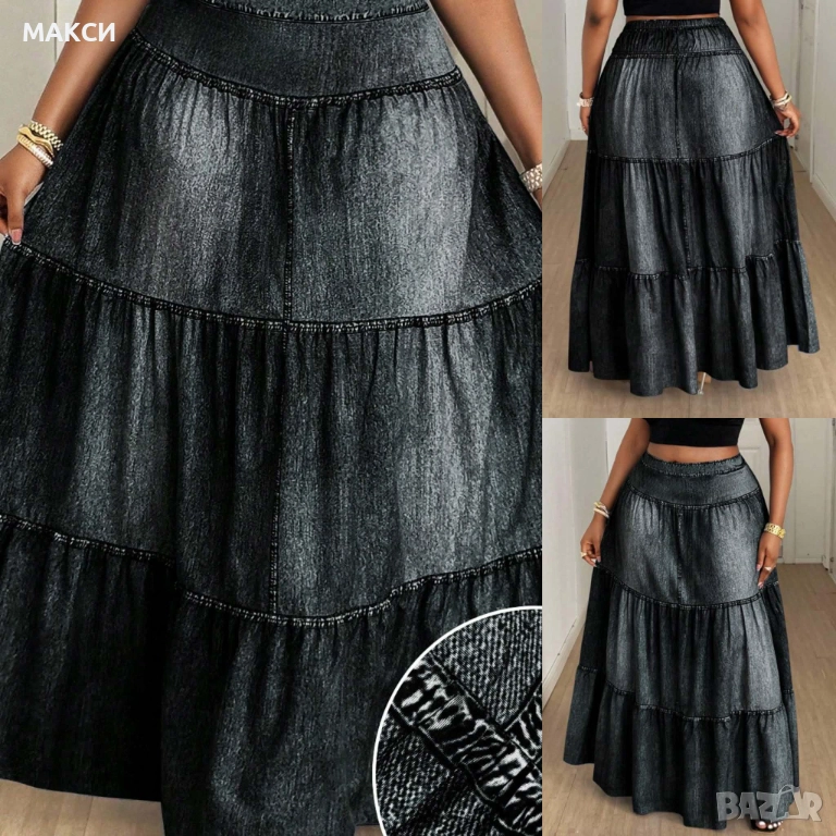 Макси елегантна ефирна дълга клоширана пола с волани и ластична талия гръб имитация дънков плат изтъ, снимка 1