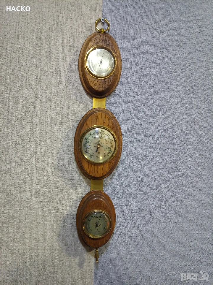 Метеорологична Станция,Термометър,Барометър,Влагомер,Махагонова Поставка Внос от Нидерландия , снимка 1