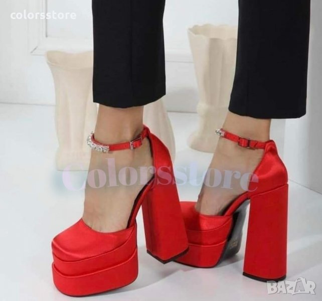 Сандали на ток червен сатен, снимка 1