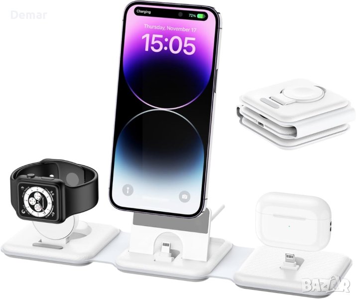 3-в-1 сгъваемо безжично зарядно Air Pods, iWatch, iPhone, Apple, снимка 1