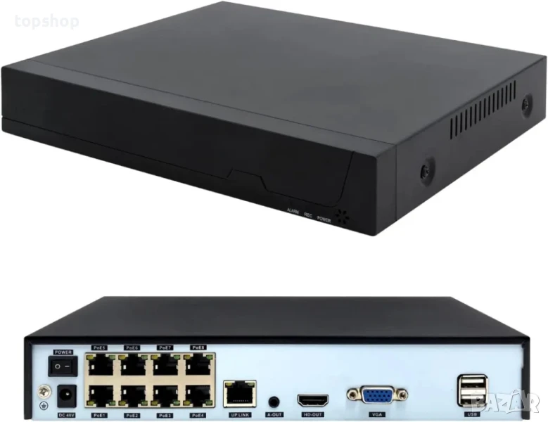 НОВ 8 канален POE NVR REVODATA POE4008ES, подържа 8 x 5MP IP камери и до 10TB SSD/HDD, снимка 1