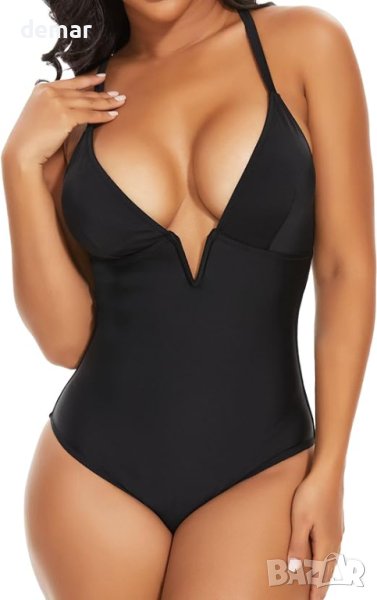 SHAPERIN Дамски бански костюм с дълбоко V-образно деколте, черен, размер S, снимка 1