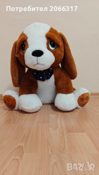 Плюшено куче със синя папийонка, 50x35x50 см, кафяво и бяло, снимка 1