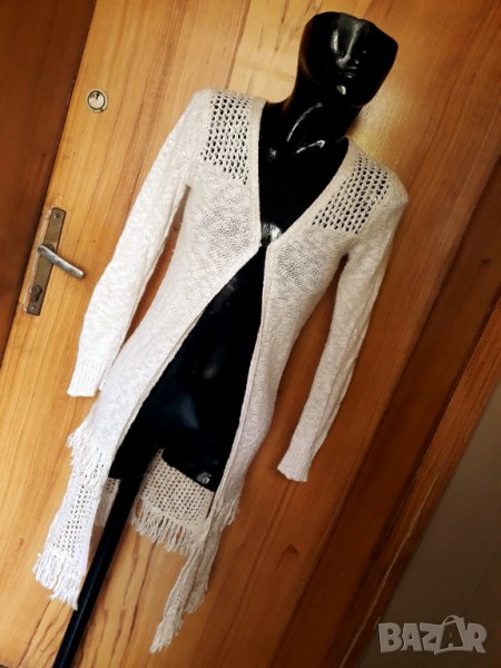 Кремаво бяля дълга жилетка плетиво с ресни С, снимка 1