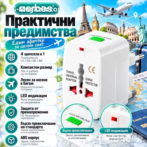 Адаптер за контакти US EU UK AU – Aerbes, снимка 3 - Мрежови адаптери - 56326023