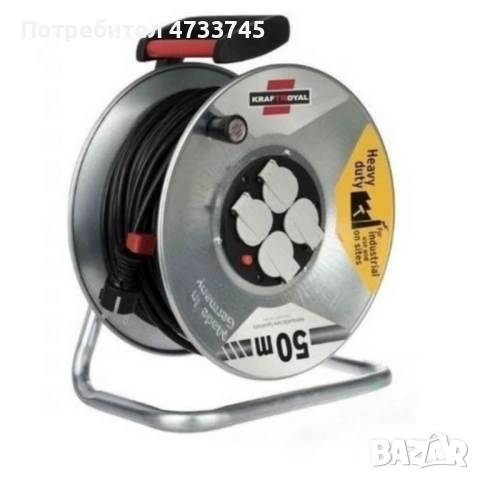 Електрически удължител с макара KraftRoyal 50m — здрава поцинкована конструкция, 4 гнезда и термична