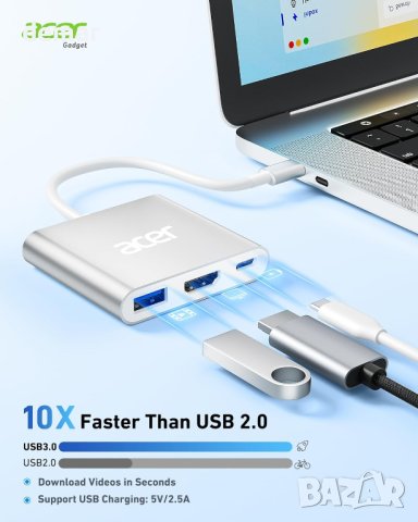 Acer USB C хъб, 3 в 1 с 5Gbps USB 3.0 GEN1 порт, 4K HDMI и PD Max 100W, снимка 4 - Кабели и адаптери - 44322766