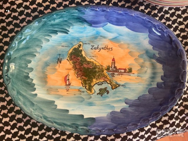 Декоравтивна чиния за стена, средиземноморска в тюркоаз и синя гама