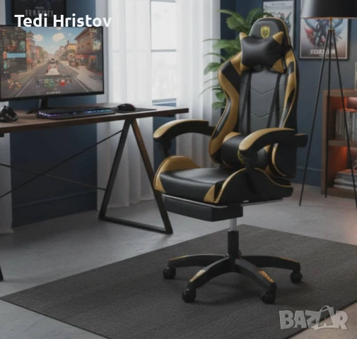 Геймърски стол с прибираща се подложка за крака и функция за масаж - черен, снимка 8 - Столове - 53239641