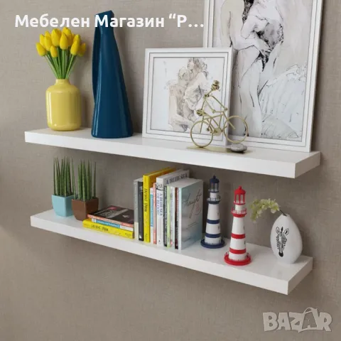 2 стенни MDF полици за съхранение на книги/DVD, бели, снимка 5 - Етажерки - 47309409