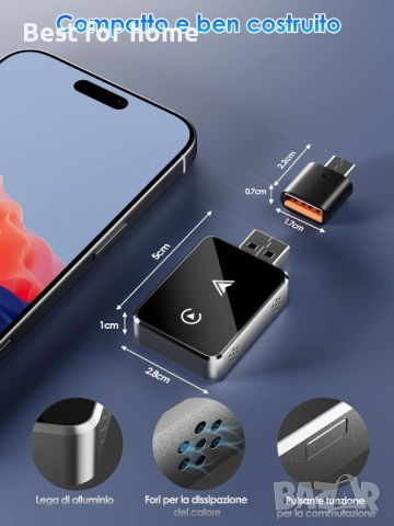 2-в-1 Безжичен Адаптер за CarPlay и Android Auto (Модел 2025) – Алуминиев корпус, 5.8GHz WiFi, снимка 6 - Други - 53212883