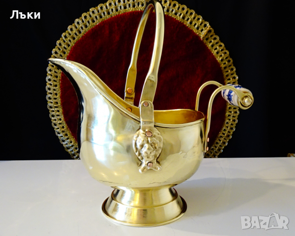 Старинен месингов съд,лъвски глави,порцелан., снимка 3 - Антикварни и старинни предмети - 36251760