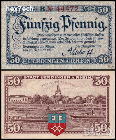 ❤️ Германия Uerdingen 1921 50 пфенинга UNC нова ❤️