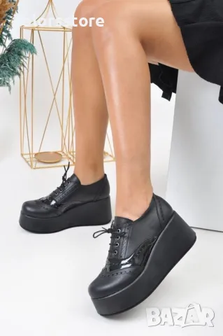 Обувки на платформа - черна кожа - 450-L, снимка 2 - Дамски ежедневни обувки - 41420840