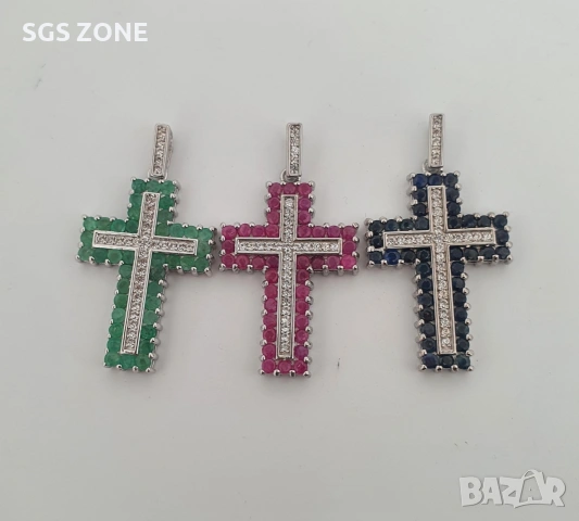 Сребърен кръст с рубин, изумруд или сапфир, снимка 2 - Колиета, медальони, синджири - 53029684