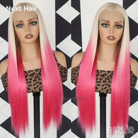 Лейс фронт права руса перука два цвята с розови краища с дантела, снимка 4 - Аксесоари за коса - 51086892