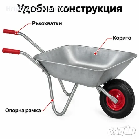 Градинска количка с метално корито и червени ръкохватки, снимка 5 - Градински инструменти - 56142567