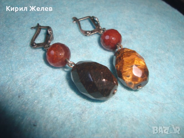 СКЪПОЦЕННИ СРЕБЪРНИ АРТ ОБЕЦИ ОКСИДИРАНО СРЕБРО 925 с ФАСЕТИРАН КАРНЕОЛ и ТИГРОВО ОКО УНИКАЛНИ 25776, снимка 13 - Обеци - 35760011