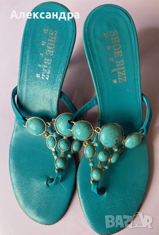 Чехли от естествена кожа с тюркоазени камъни, снимка 14 - Чехли - 42011237