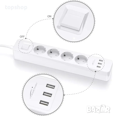 Разклонител KabelDirekt 4 гнезда, 3 USB порта, GS и TUV, защита от пренапрежение, снимка 4 - Друга електроника - 50555706