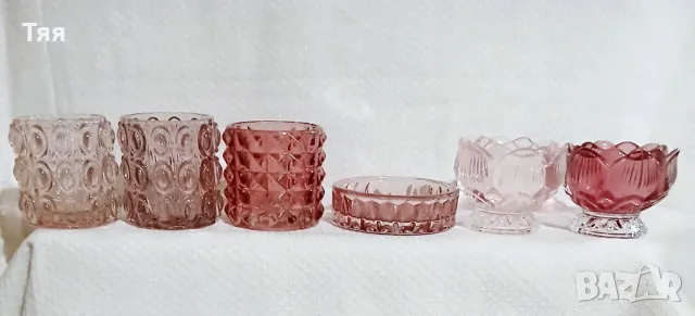 Свещници розово стъкло 