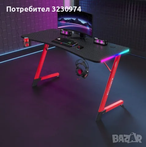 Геймърско бюро с RGB LED подсветка, карбонов плот 140 см, поставка за напитки и слушалки – Черно/чер