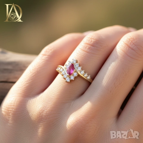 Нов Златен Пръстен с Естествен Рубин и 0.35кт Естествени Диаманти, снимка 2 - Пръстени - 42863963