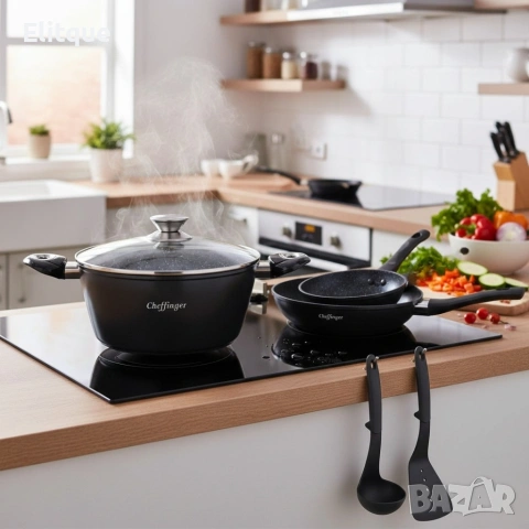 Комплект съдове за готвене 6 части Cheffinger – тенджера 24 см, тигани 24 и 28 см, за индукция, снимка 5 - Други - 53165817