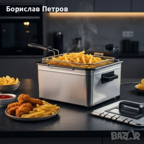 Фритюрник Cheffinger CF-EDP5.0 – 5L, 2000W, неръждаема стомана, 3 кошници, регулируема температура, снимка 2 - Фритюрници - 55804198