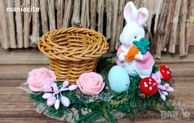 Поставка за яйчице със зайче върху дървено трупче, снимка 3 - Декорация за дома - 44838015