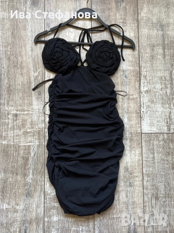 Wow нова къса черна елегантна коктейлна официална парти рокля 3 Д рози цветя .  .