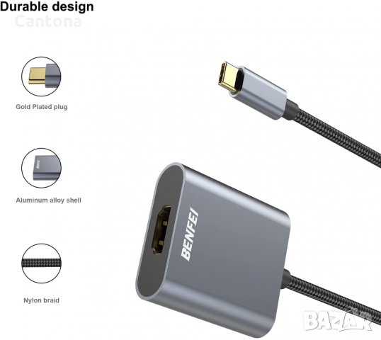 BENFEI USB C към 4К HDMI адаптер, Thunderbolt 3, алуминиев корпус, снимка 2 - Лаптоп аксесоари - 35664506