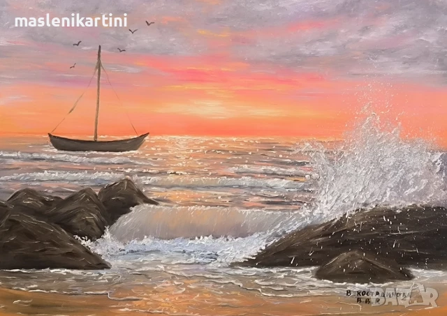 Морски залез и лодка маслена картина , снимка 2 - Картини - 50723473