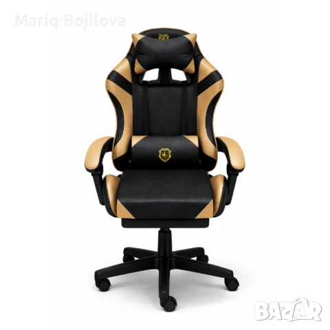 Геймърски стол с масажна функция, лумбална възглавница и поставка за крака – Черен-златист, снимка 4 - Столове - 53442311