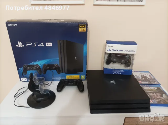 PS 4 PRO 1 TB (Последна ревизия CUH-7216B) + 2 контролера, зарядно и игри. (Профилактиран)