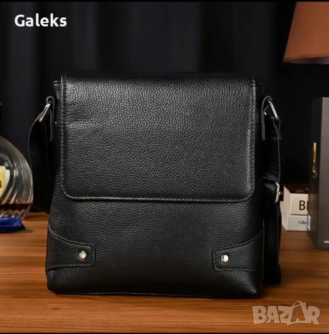 Мъжка луксозна правоъгълна кожена чанта за през рамо /Черна естествена кожа!, снимка 3 - Чанти - 50557117