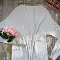 Фабрично  накъсан скъсан състарен бял пуловер блуза с дълъг ръкав унисекс модел one size размер, снимка 1 - Блузи с дълъг ръкав и пуловери - 39048471