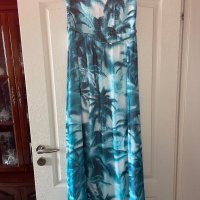 Ефирна дълга тюркоазена  елегантна ежедневна рокля тропик палми тропически принт , снимка 3 - Рокли - 41703823