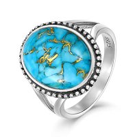 Нов пръстен 16x17мм овална форма син тюркоаз 925 сребро Жени Подарък, снимка 1 - Пръстени - 42107737