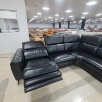 Черен кожен ъглов диван с електрически релаксиращ механизъм, снимка 6 - Дивани и мека мебел - 39963873